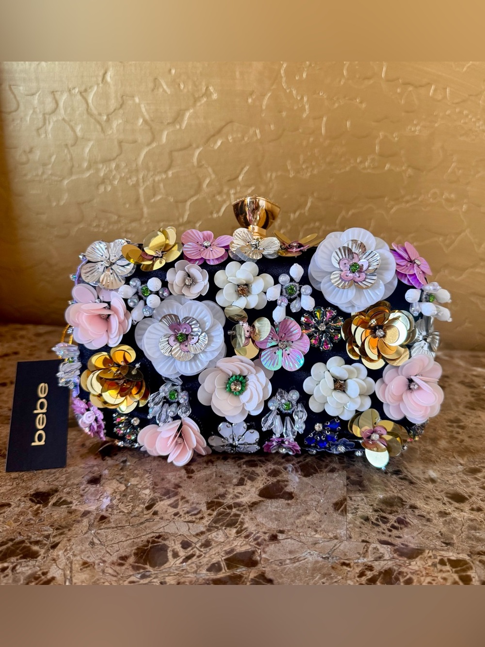 Choice of bebe Embellished Floral Clutch Bag - Pink or Black NWT - Picture 2 of 15